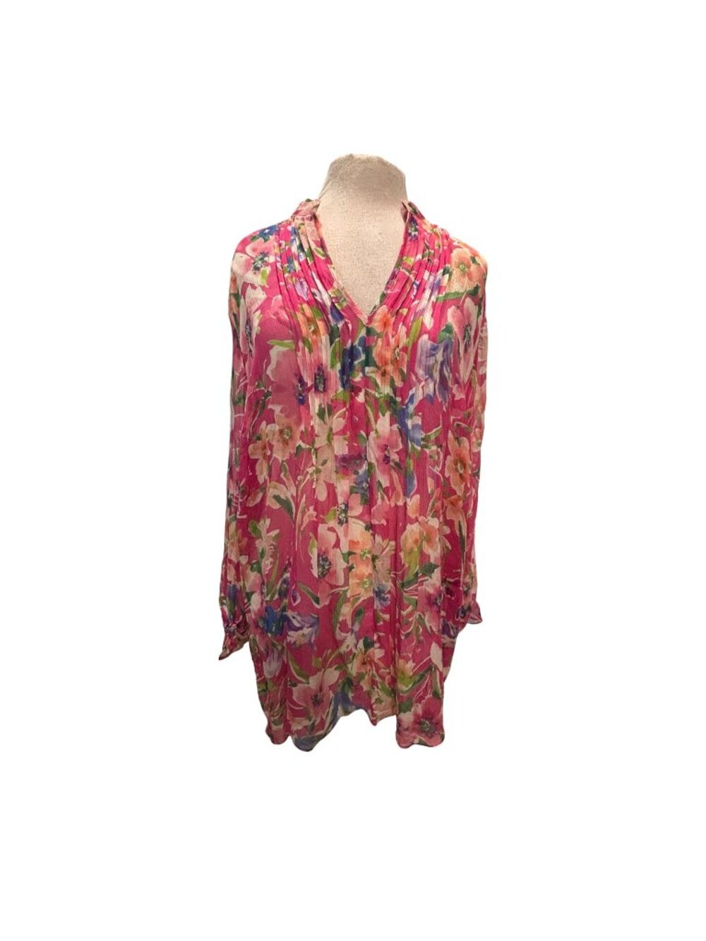 Lauren Ralph Lauren 2X 100% Silk Floral Tunic Blouse Pink Pleated Neck Long Slee - Picture 2 of 8